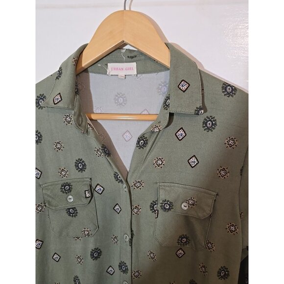 URBAN GIRL Olive Green With Design Long Sleeve Button Up Shirt Pockets Size M - Picture 2 of 11